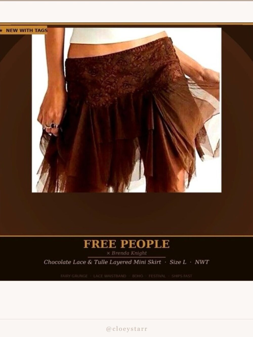 Free People Brown Lace Tulle Layered Mini Skirt Size L | Brenda Knight Collab |